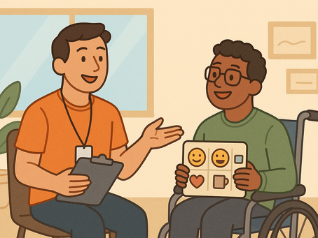 a support worker and a participant in a wheelchair engaging in a therapy-aligned activity.