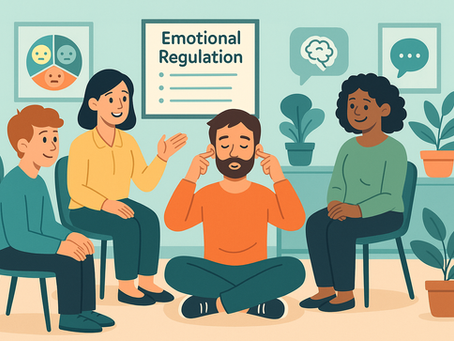 support worker calmly guiding a young participant through a mindfulness activity in a group setting, with others sitting peacefully nearby.