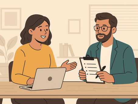 a friendly support coordinator sitting with a participant, discussing support options in a relaxed, welcoming environment
