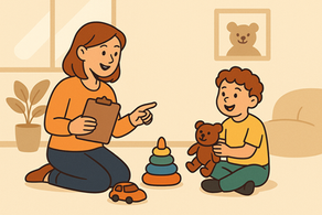  a support worker guiding a young boy during play-based early intervention. The child holds a teddy bear and smiles while surrounded by simple toys, in a warm, calming home environment.