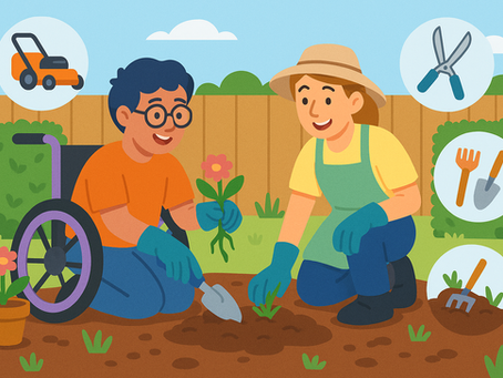 Cartoon-style illustration of a person with disability and a support worker gardening together in a sunny backyard. They’re planting flowers and pulling weeds side by side, with icons nearby showing lawn mowing, hedge trimming, and garden tools. The scene feels collaborative, inclusive, and practical.