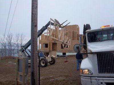 Croftville Road Cottages. The same trusses once upright are quite easy to move around with the lift.