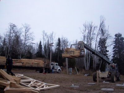 Croftville Road Cottages. Here are a group of piggyback trusses that will sit on top of the lakeside peak.