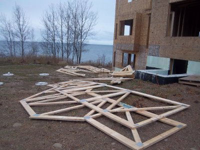 Croftville Road Cottages. The complex roof design has so many different shaped trusses. There are few trusses that are duplicates of each other.