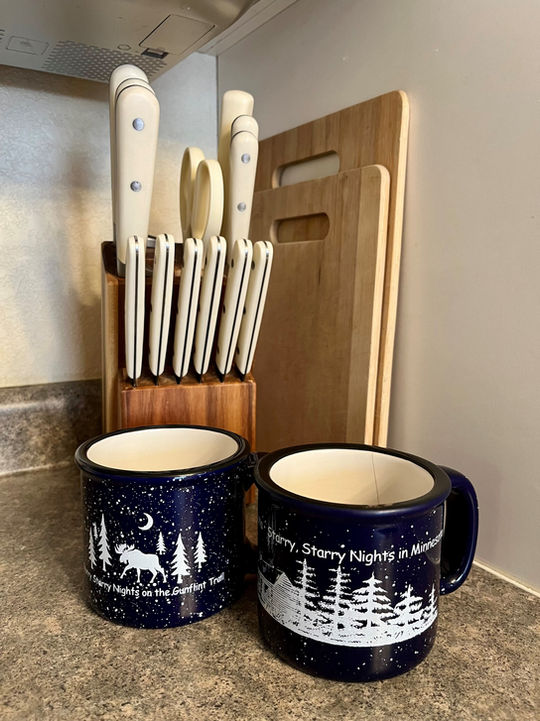 Croftville Road Cottages. Guests love large mugs for their hot beverages and ample knives when making a meal. We try to anticipate their needs.