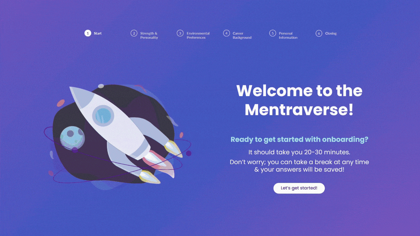 Mentra's onboarding has 4 main sections, 1 Strengths and Personality, 2 Envirnmental Preferences, 3 Career Background and 4 Personal Information, that contribute to making your Mentra Profile as holistic as can be!