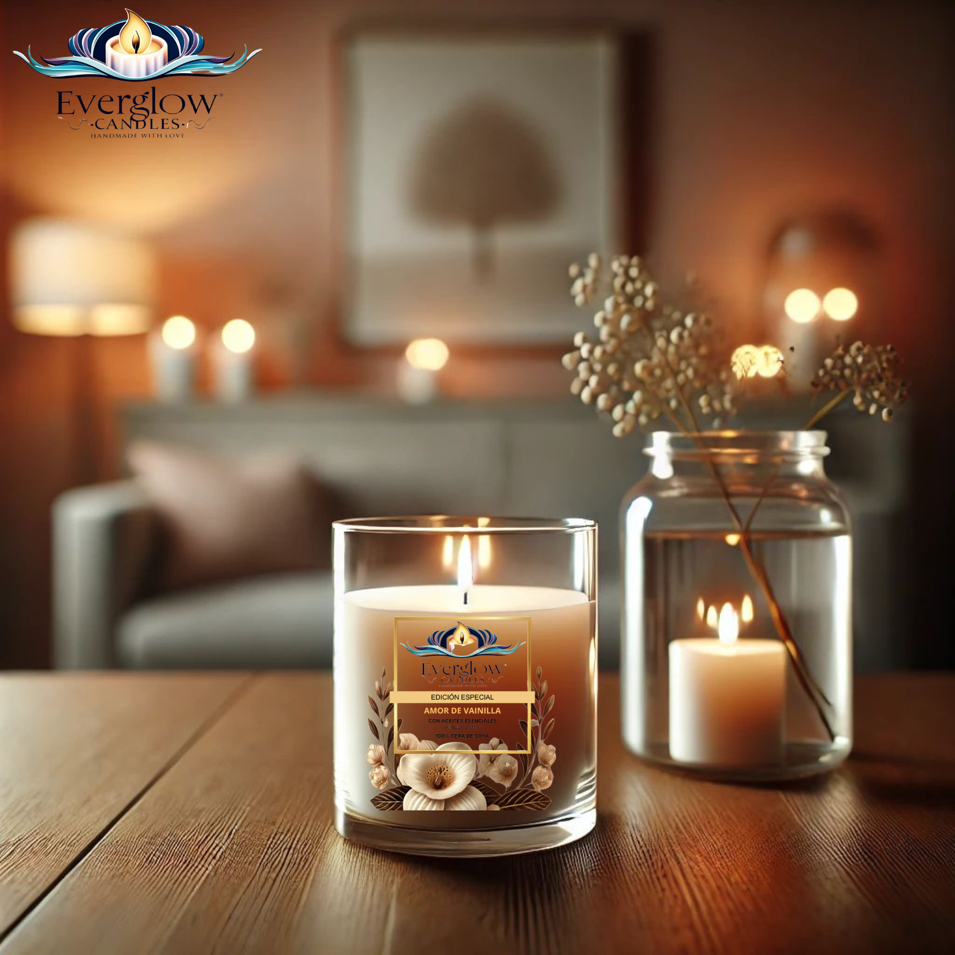 Vela de soya Amor de Vainilla con aroma a vainilla cremosa y notas spicy, ideal para crear un ambiente cálido y acogedor