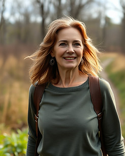 A middle aged beautiful woman walking in a nature trail with a full head of hair.jpg