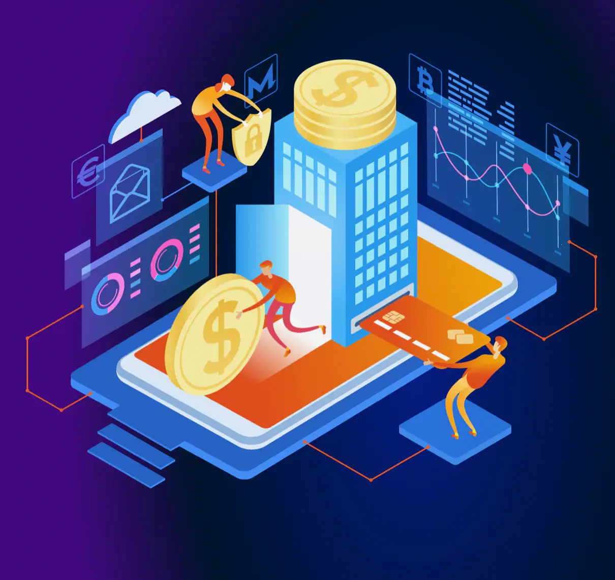 Blue, orange, and yellow graphic showing the future of marketing. 154 Agency is a full-service agency with a proven track record in media and digital marketing trends