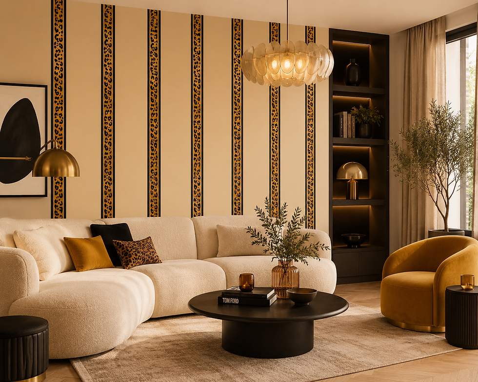 Thumbnail: Papier peint panoramique Leopard Riviera ET RAYURES Mlle Mouns Paper dans un salon