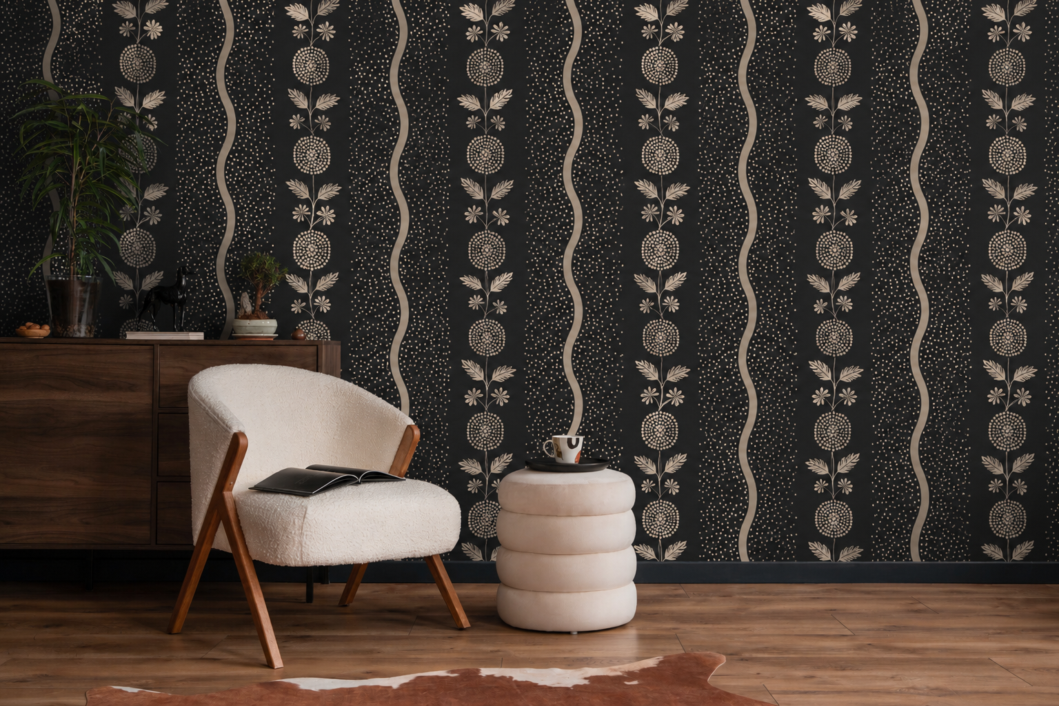 JARDIN BRODÉ - Papier peint à motifs - Vagues et médaillons floraux