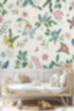 Papier peint panoramique jungle pour chambre d’enfant – décor tropical illustré avec tigre, oiseaux, feuillages et fleurs col