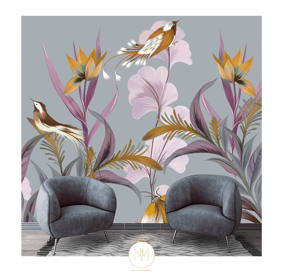 Miniature : NAYA - Papier peint panoramique - Oiseaux et grandes fleurs exotiques