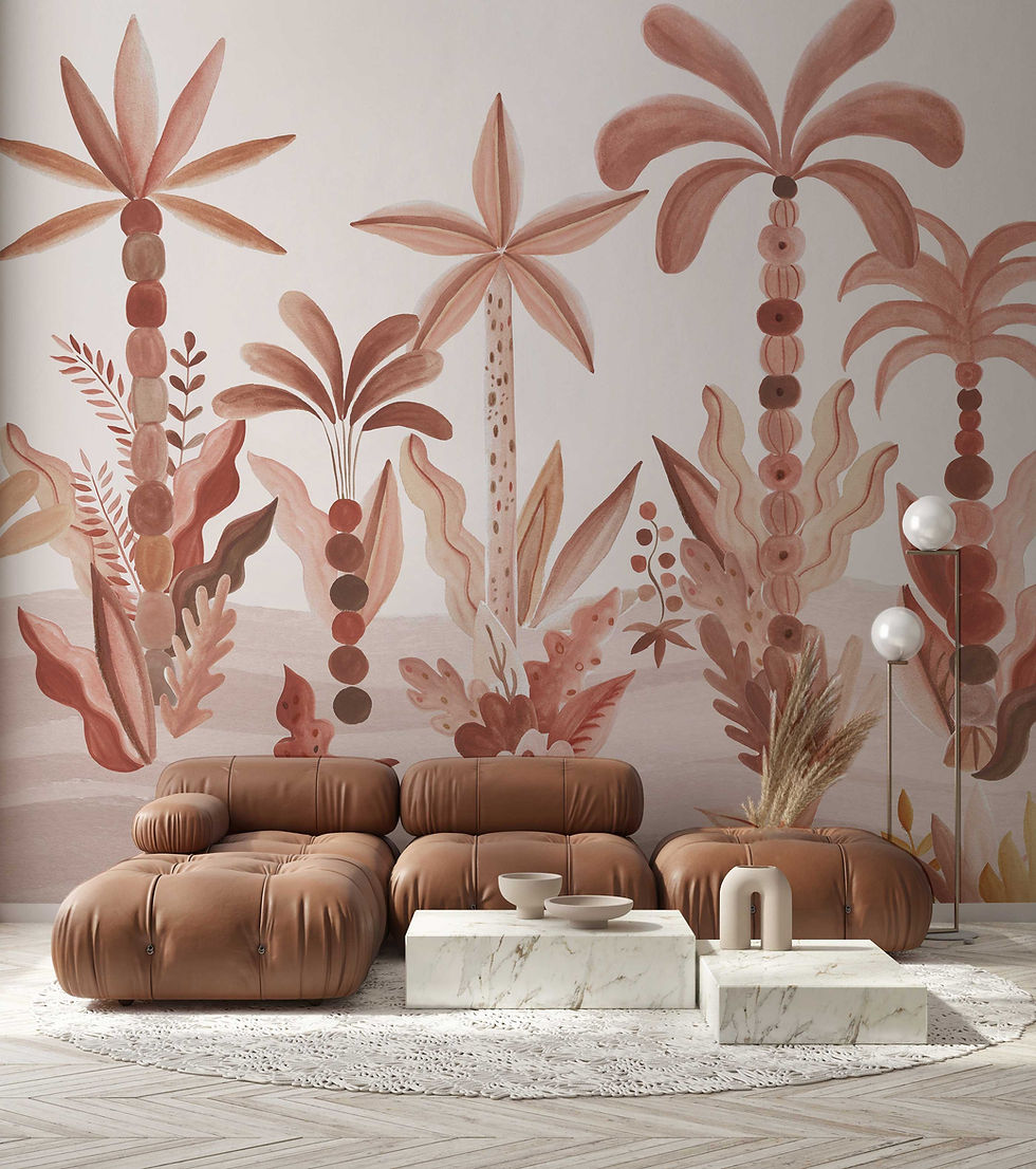 Thumbnail: Papier peint Tropicalia de Mlle Mouns Paper aux motifs tropicaux terracotta dans un intérieur moderne et chaleureux.