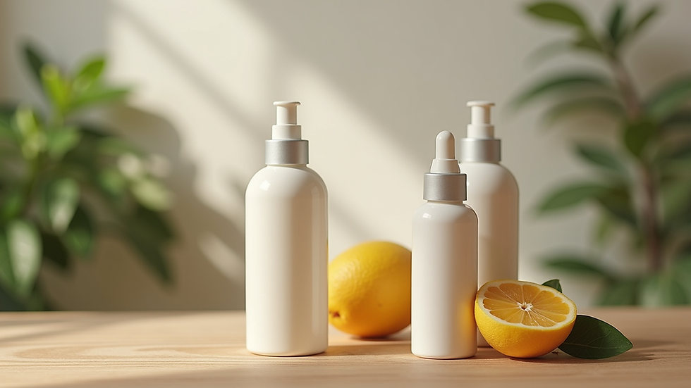 Close-up view of organic skincare bottles on wooden surface