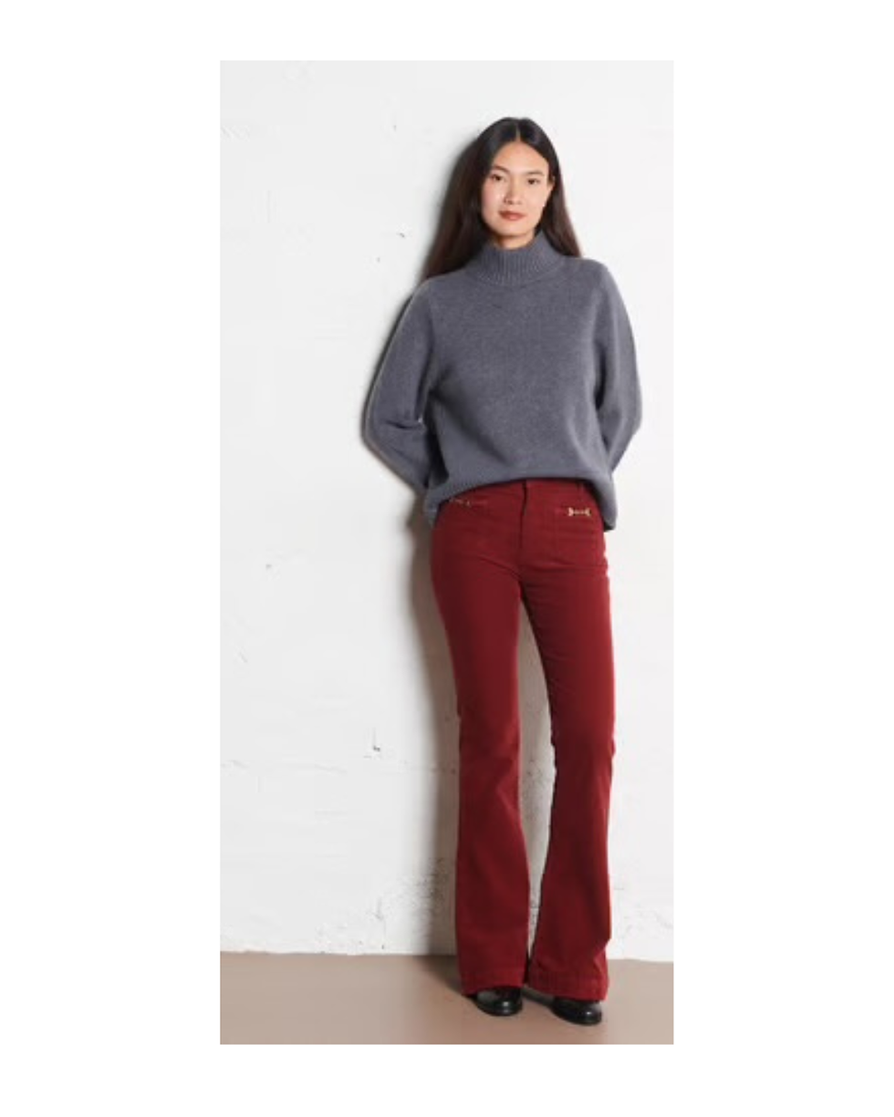 Thumbnail: PODESSA | Burgundy velvet flared jeans with patch pockets