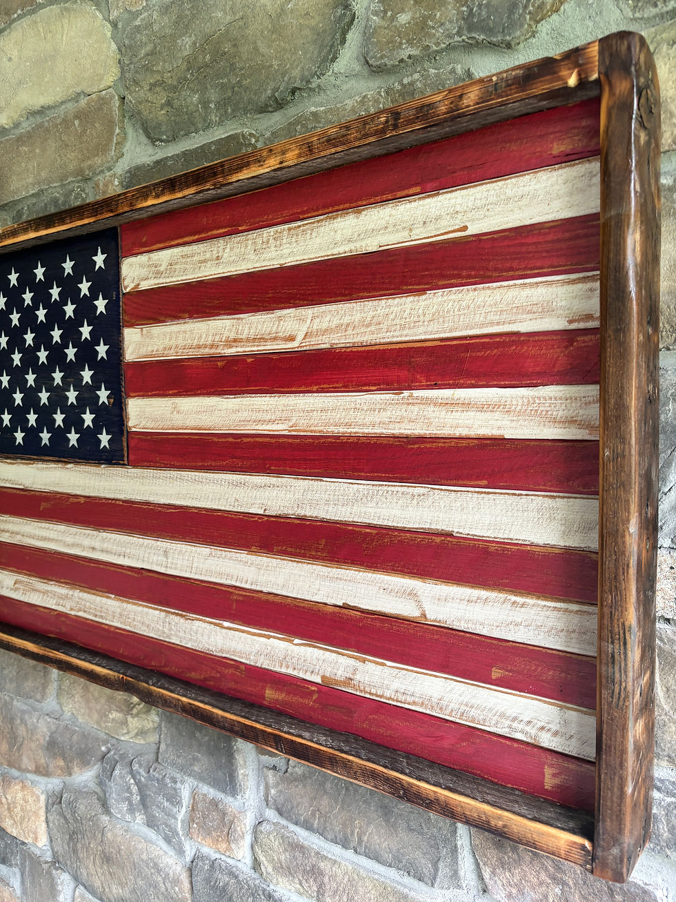 Thumbnail: Framed Oak American Flag with White stripes | 50 Star | Weathered & Distressed