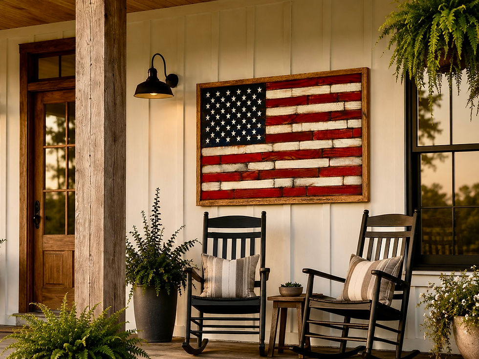 Thumbnail: Wooden Oak American Flag shown on farmhouse porch