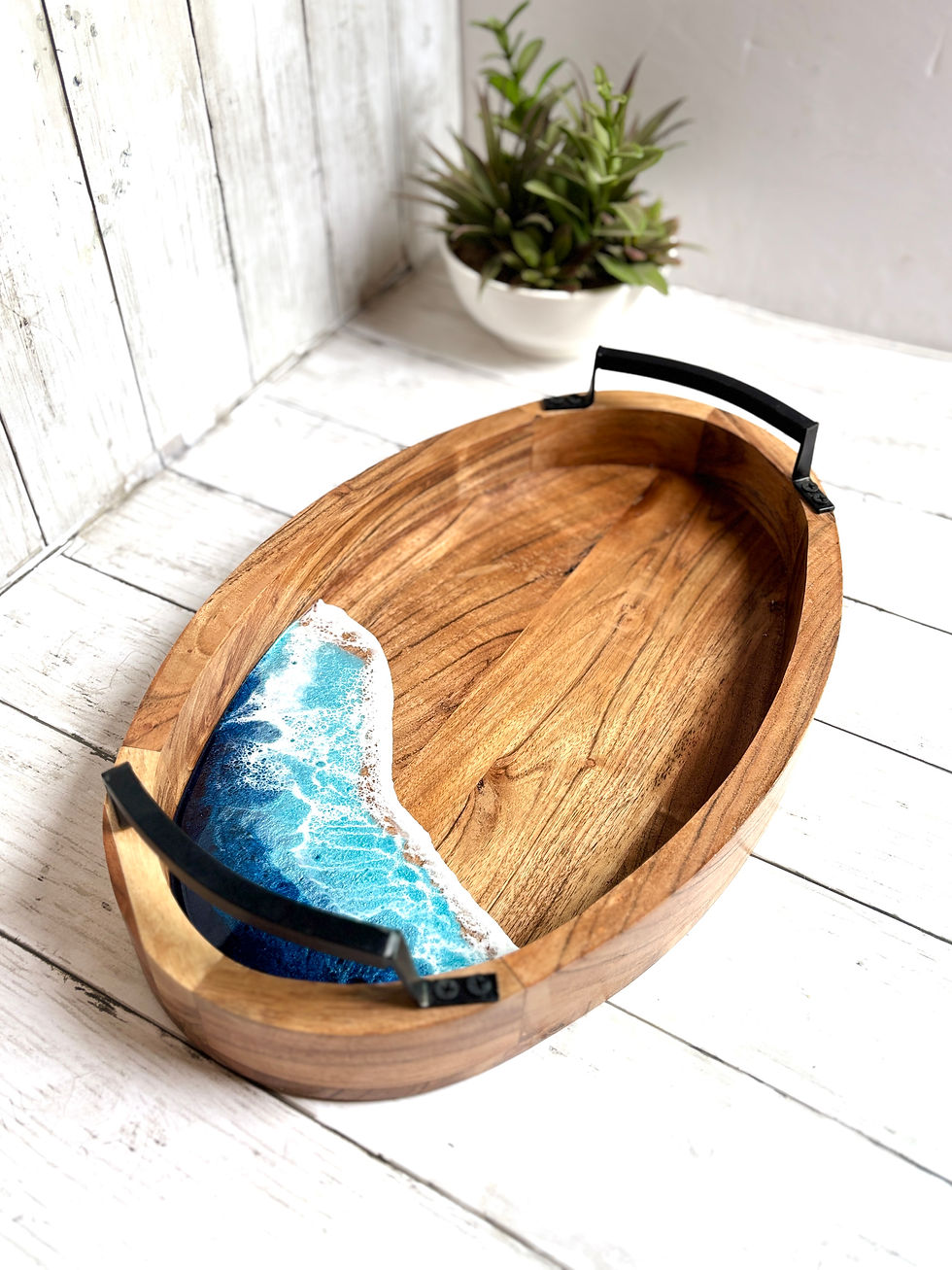 Oval Ocean-Inspired Wooden Serving Tray with Handles