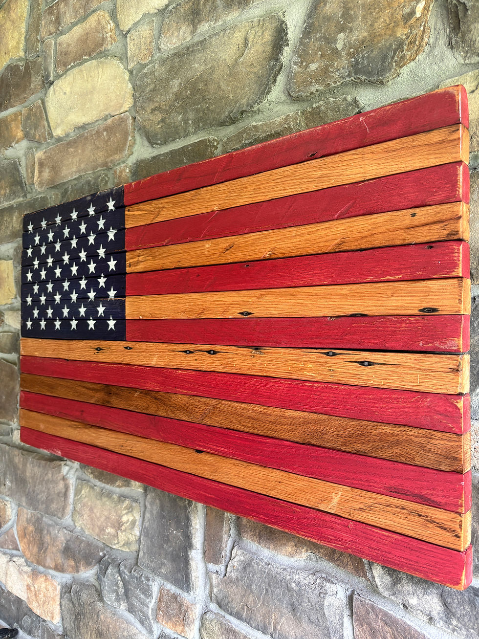 Rustic and Reclaimed Oak Wooden American Flag with Natural Oak wood with Nail holes and saw mark and rustic weathered look