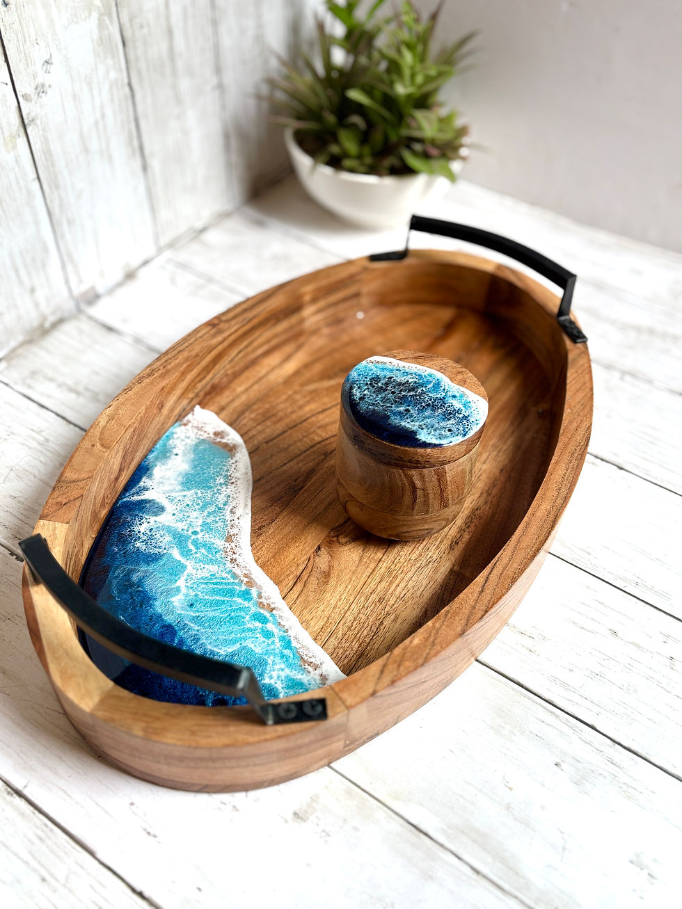 Thumbnail: Oval Ocean-Inspired Wooden Serving Tray with Handles
