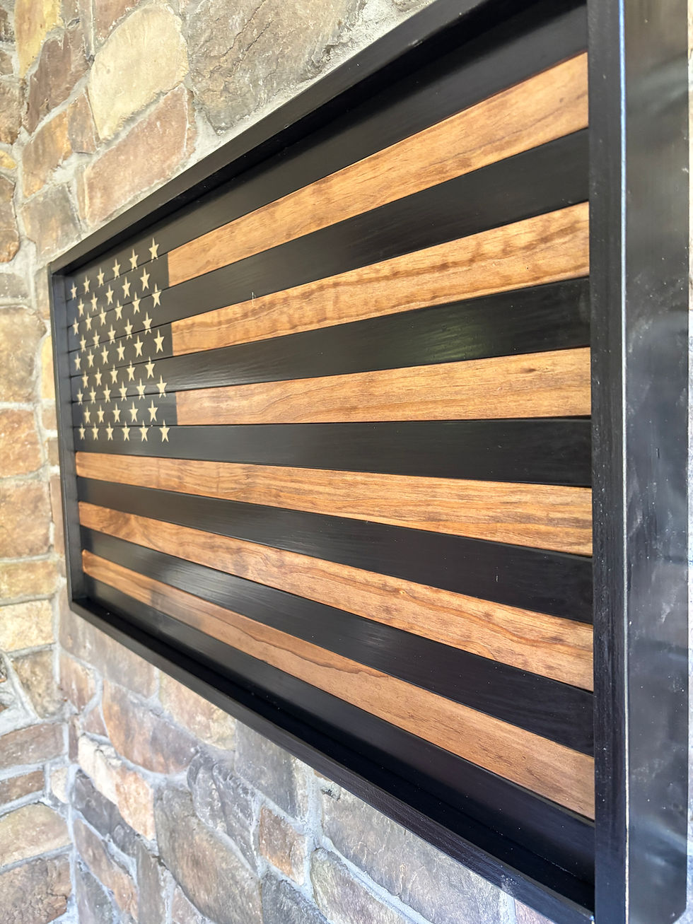 Thumbnail: Modern American Flag Simple Clean Black and Natural Stripes Framed Large wood flag