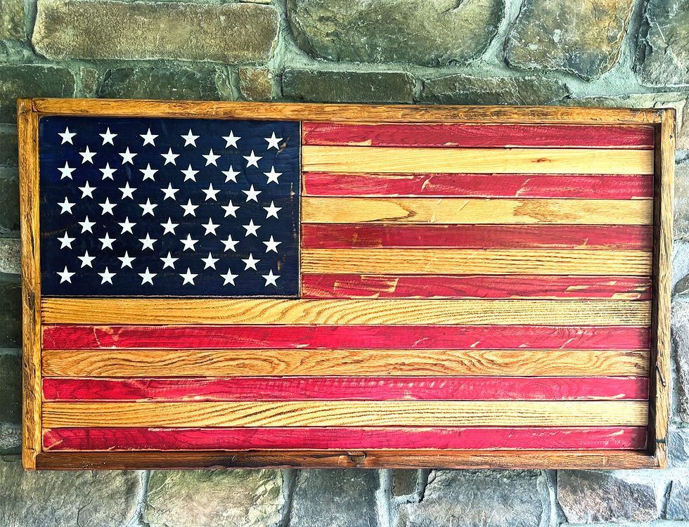 Framed Oak American Flag made for front porch, home office, home bar or den