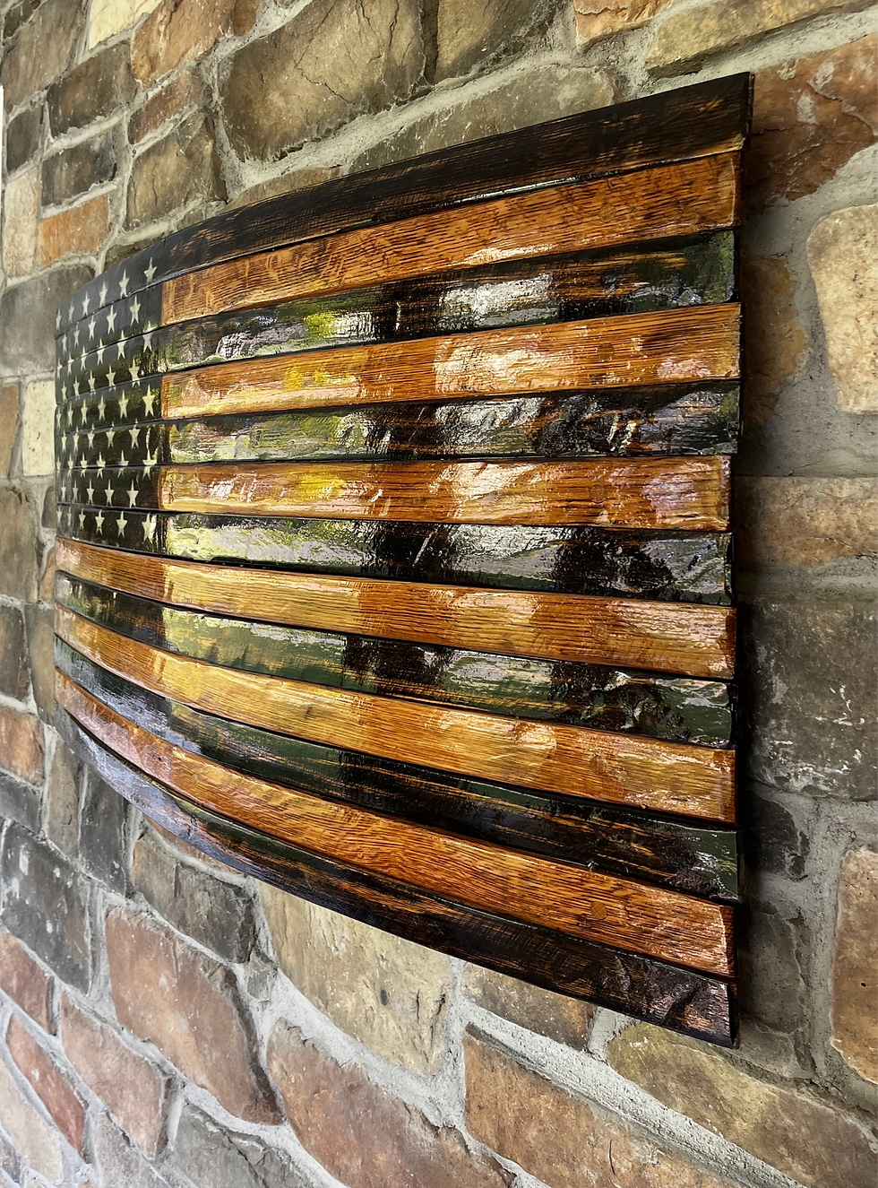 Thumbnail: Reclaimed Barrel Stave American Flag with Rustic and Natural Finish, mounted outdoor display, Sepia style flag