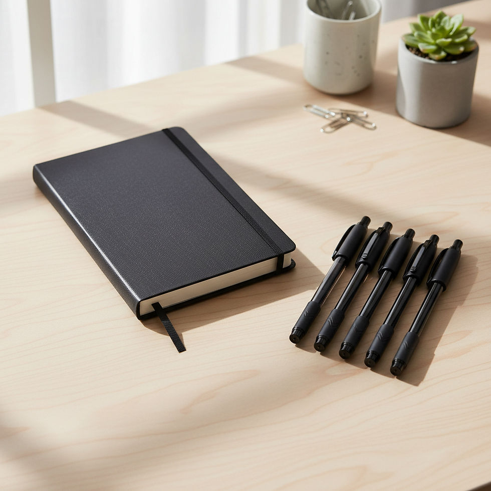 create image that represents A5 black notebook for drawing and a set of 5 pens for illustr