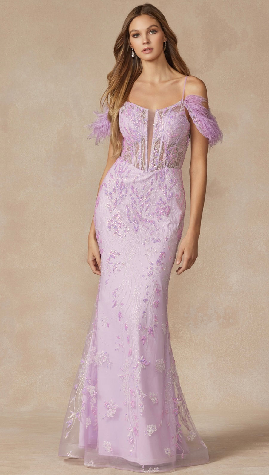 Thumbnail: Glitter With Corset Bodice Off The Shoulder Feather Long Formal/Prom Dress 