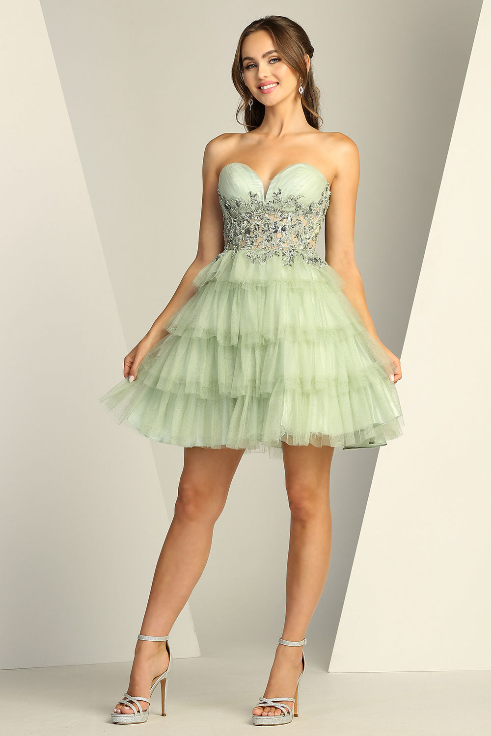 Ruffled Layered Beaded & Lace Bodice Short Formal Dress & Homecoming Dress