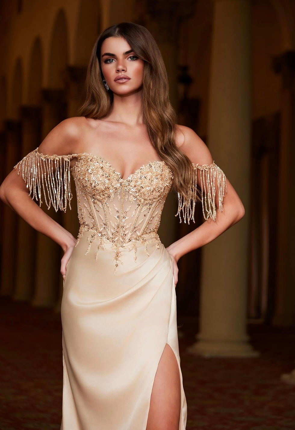 Thumbnail: Fringe Off The Shoulder Long Formal Dress & Prom Dress