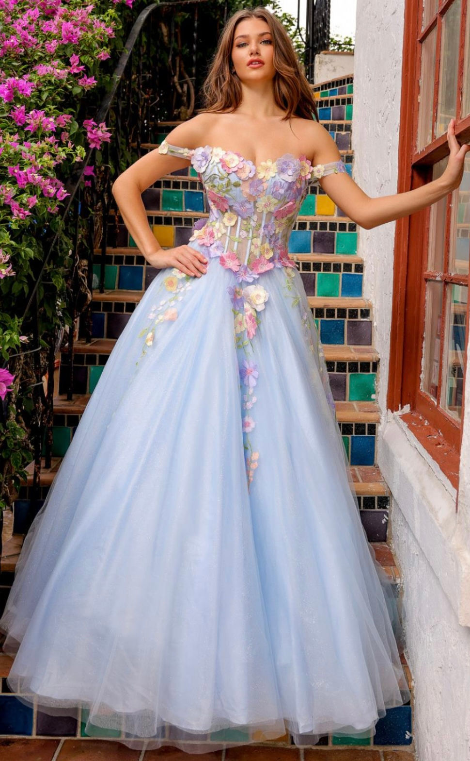 Off The Shoulder Floral Detail Long Formal Dress & Prom Dress Ball Gown