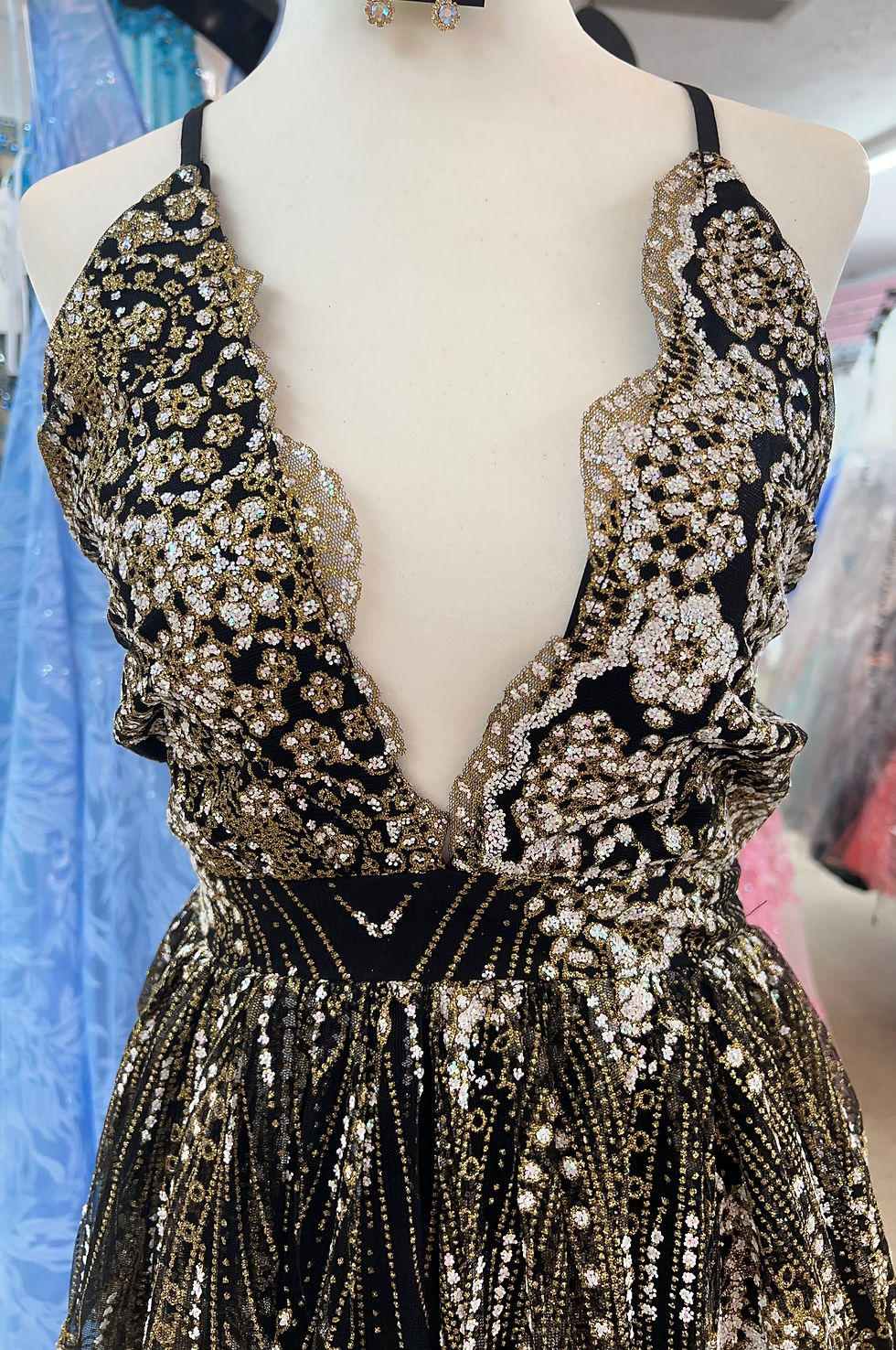 Thumbnail: Black & Gold Sequin Short Formal Dress & Homecoming Dress