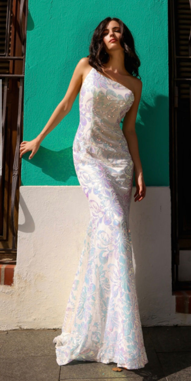 Thumbnail: Floral Sequin One Shoulder Long Formal Dress & Prom Dress 