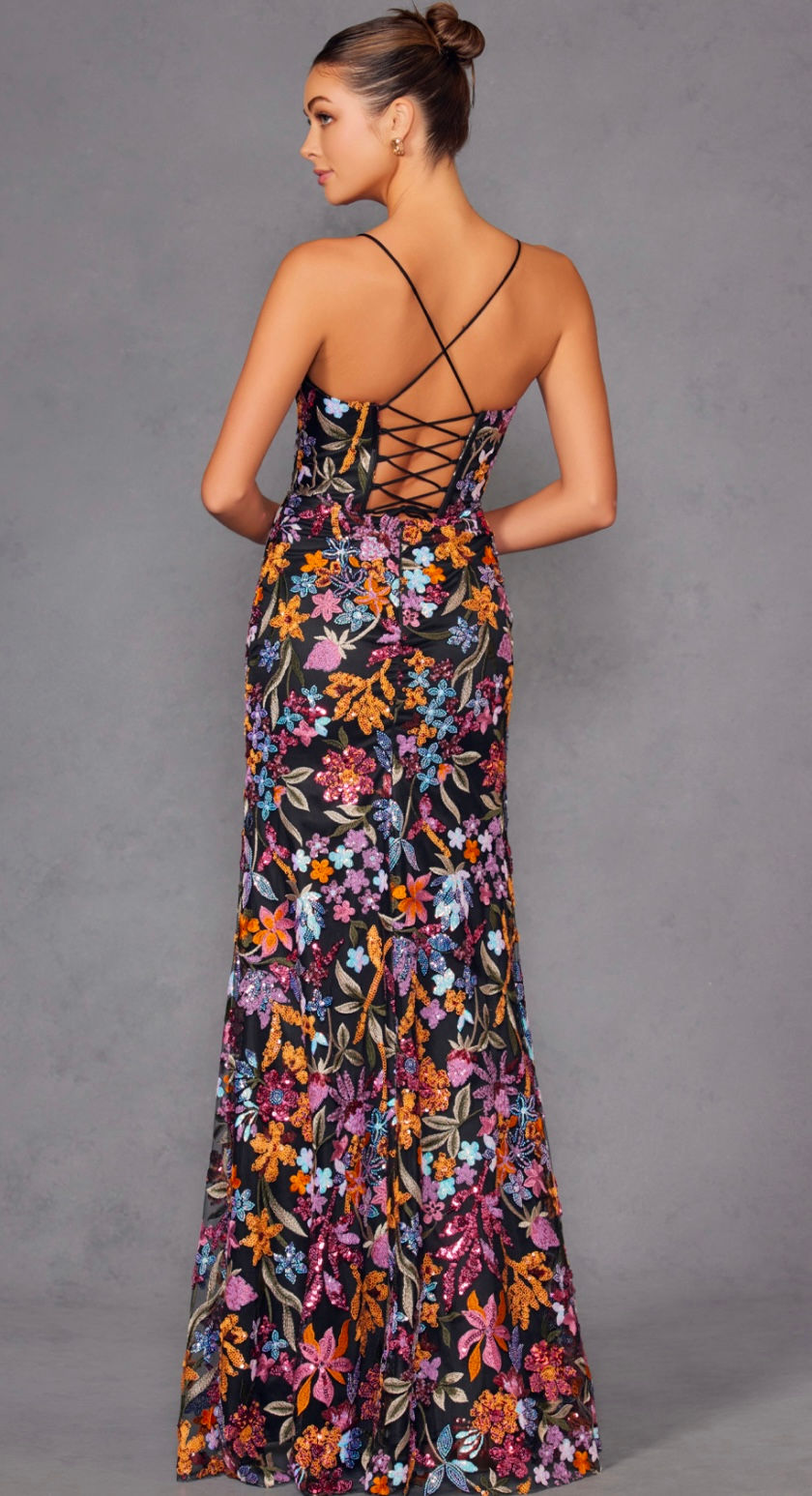 Thumbnail: Fitted Corset Floral Long Formal Dress & Prom Dress
