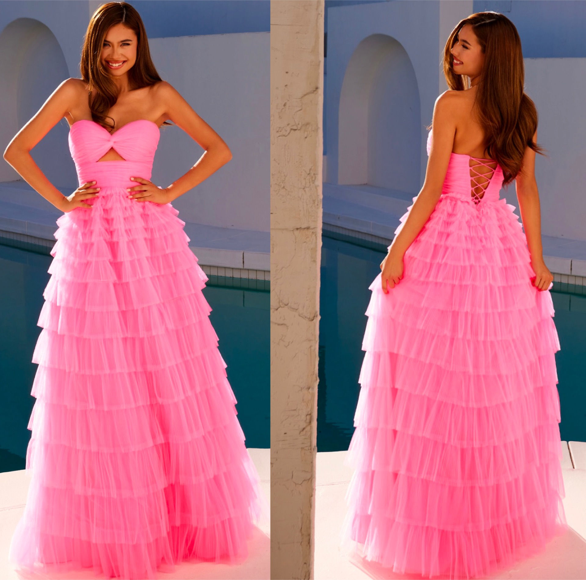 Ruffled Strapless Key Hole Long Formal Dress & Prom Dress 