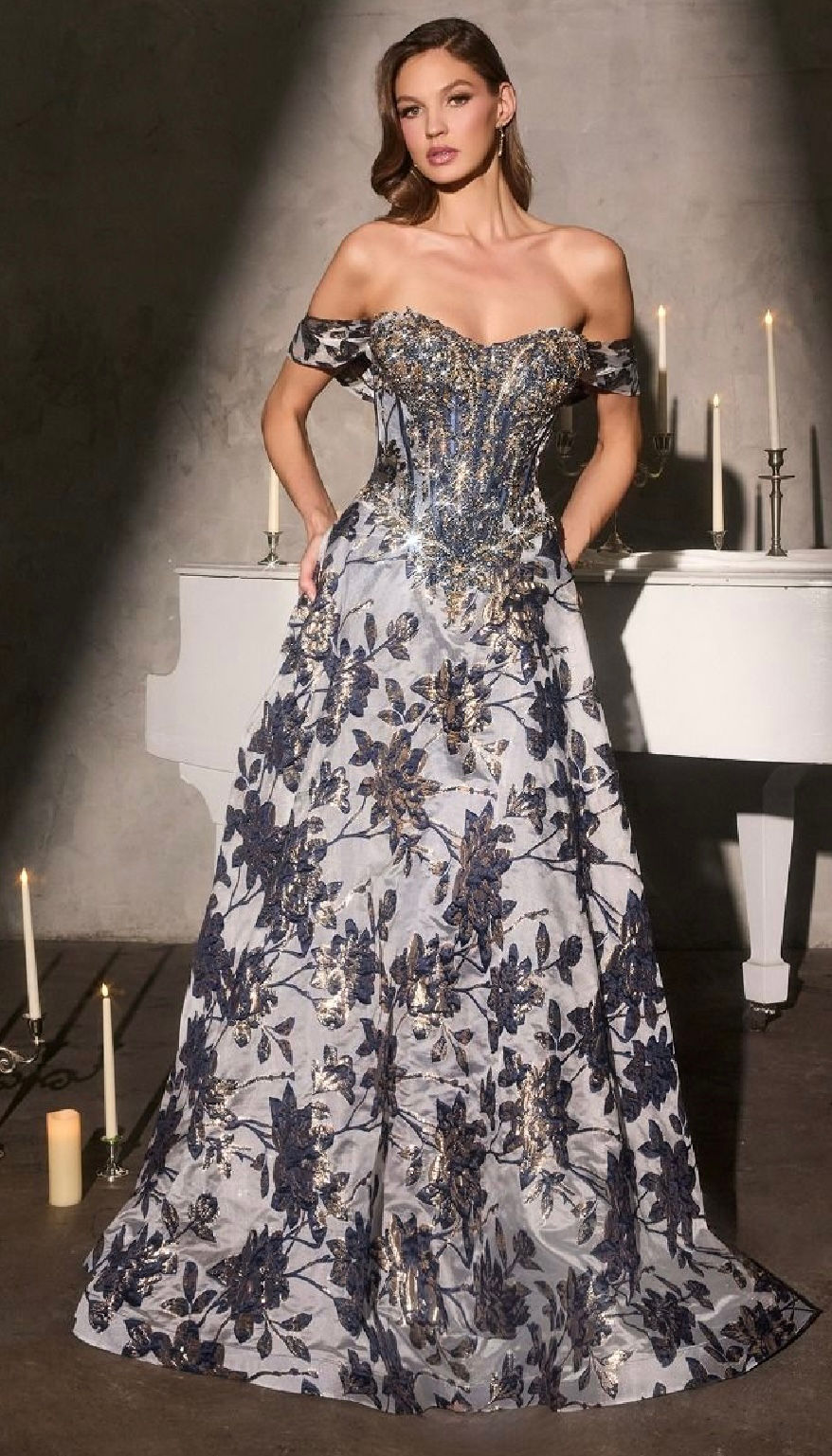 Thumbnail: Floral Jacquard Long Formal Dress & Prom Dress