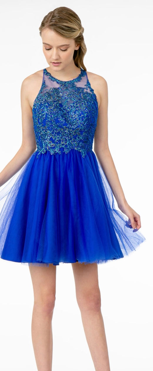 Thumbnail: Lace & Stone Bodice Tulle Short Formal Dress & Homecoming Dress 