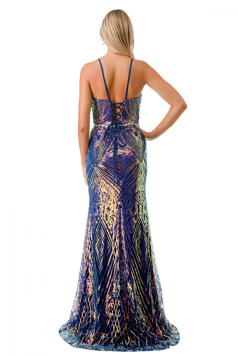 Thumbnail: Iridescent Navy Blue Corset Back Formal Dress & Prom Dress 