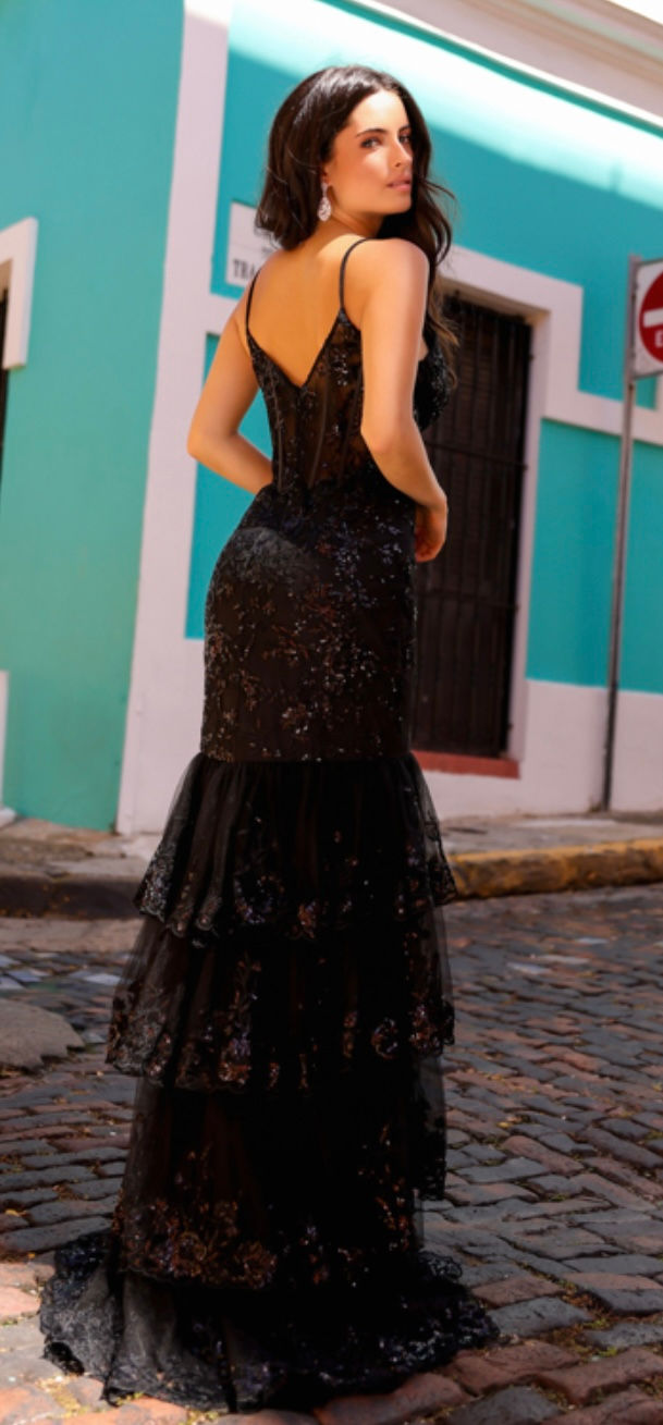 Thumbnail: Ruffle Glitter Corset Bodice Long Formal Dress & Prom Dress 