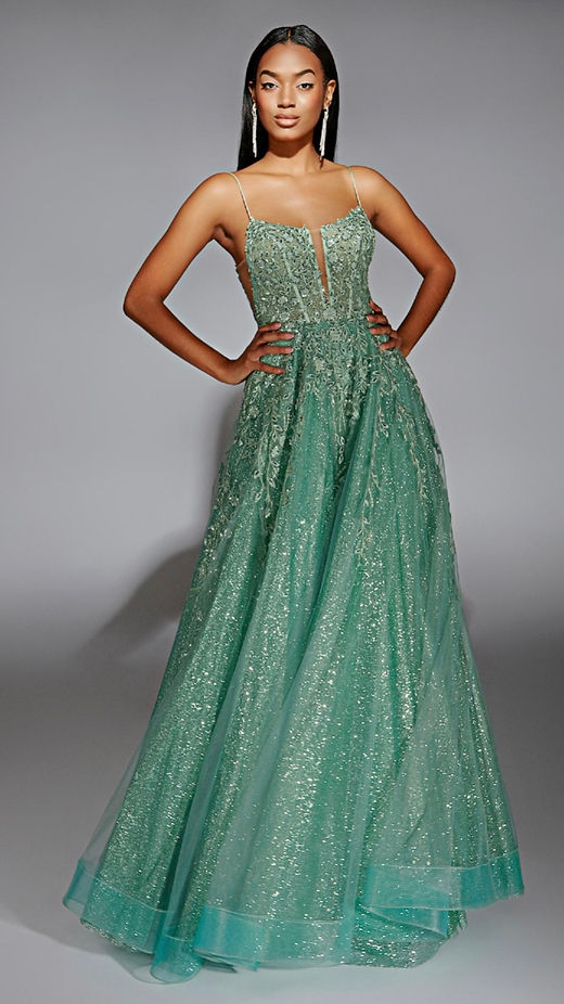 white christmas dresses Sage A-Line Detachable Sleeves Long Corset Prom Dress with Flowers