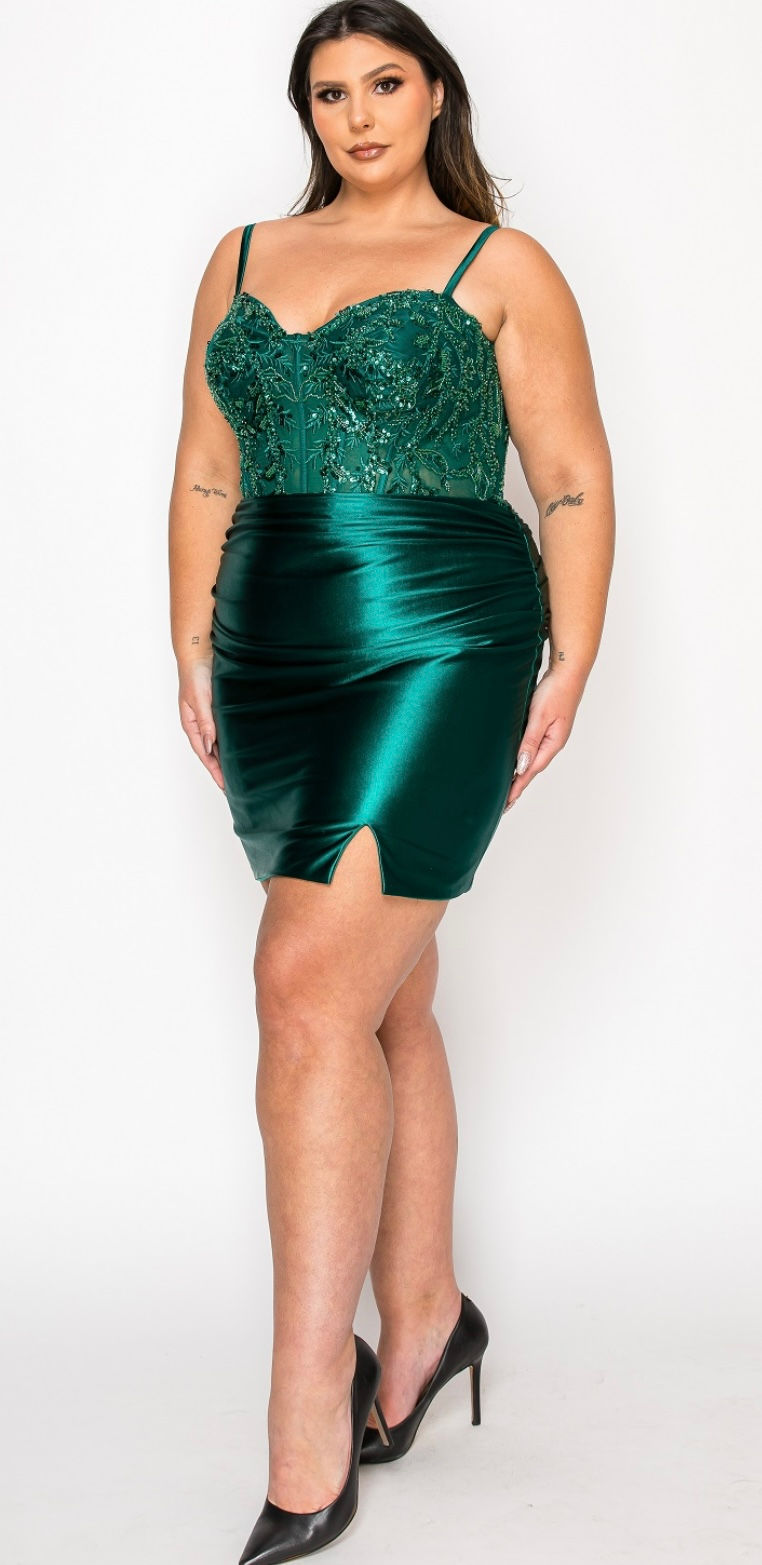Thumbnail: Satin & Beaded Corset Bodice Short Formal Dress & Homecoming Dress