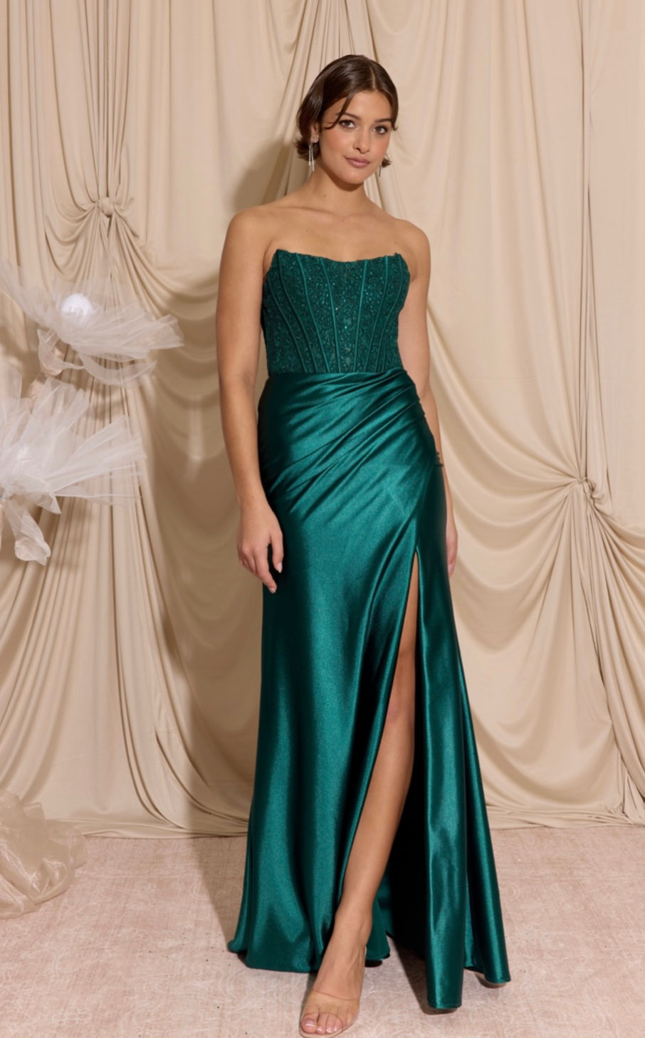 Thumbnail: Satin Corset Back Long Formal Dress & Prom Dress