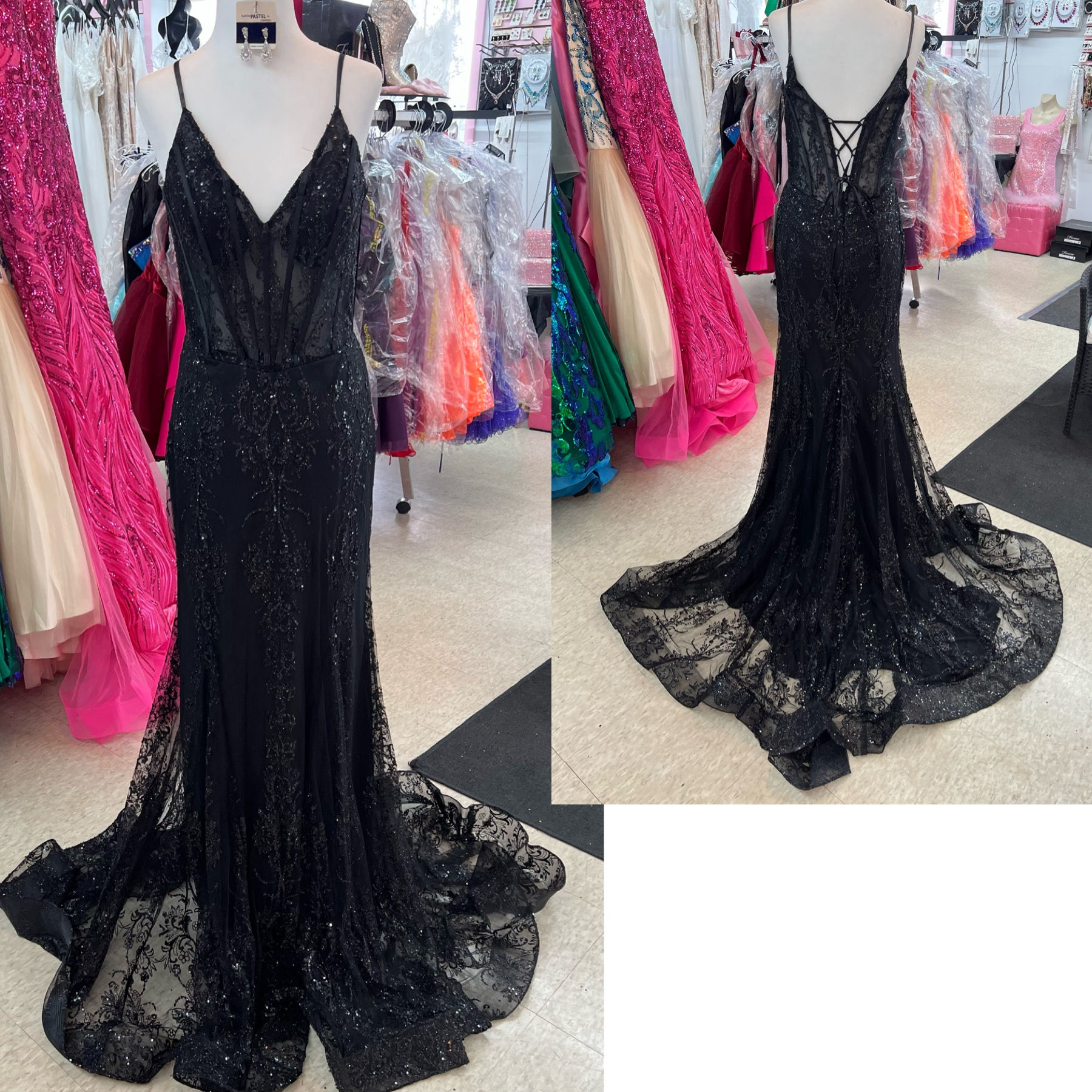 Black Glitter Mesh Corset Bodice Formal Dress & Prom Dress