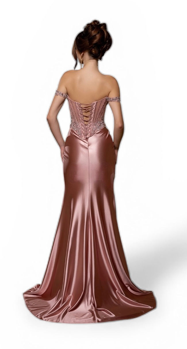 Thumbnail: Off The Shoulder Satin & Beaded Corset Back Long Formal Dress & Prom Dress