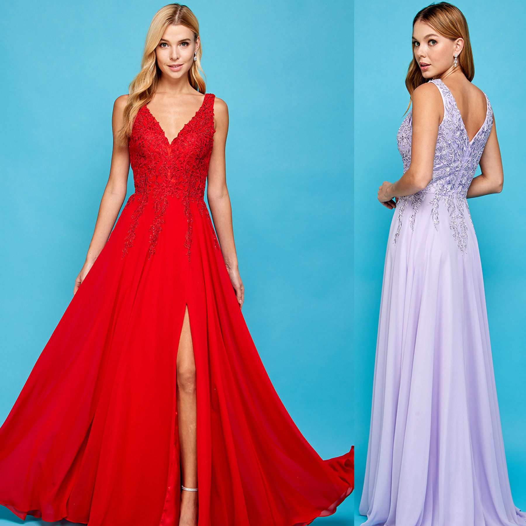 Red Chiffon & Lace With Thigh Slit Formal Dress & Prom Dress