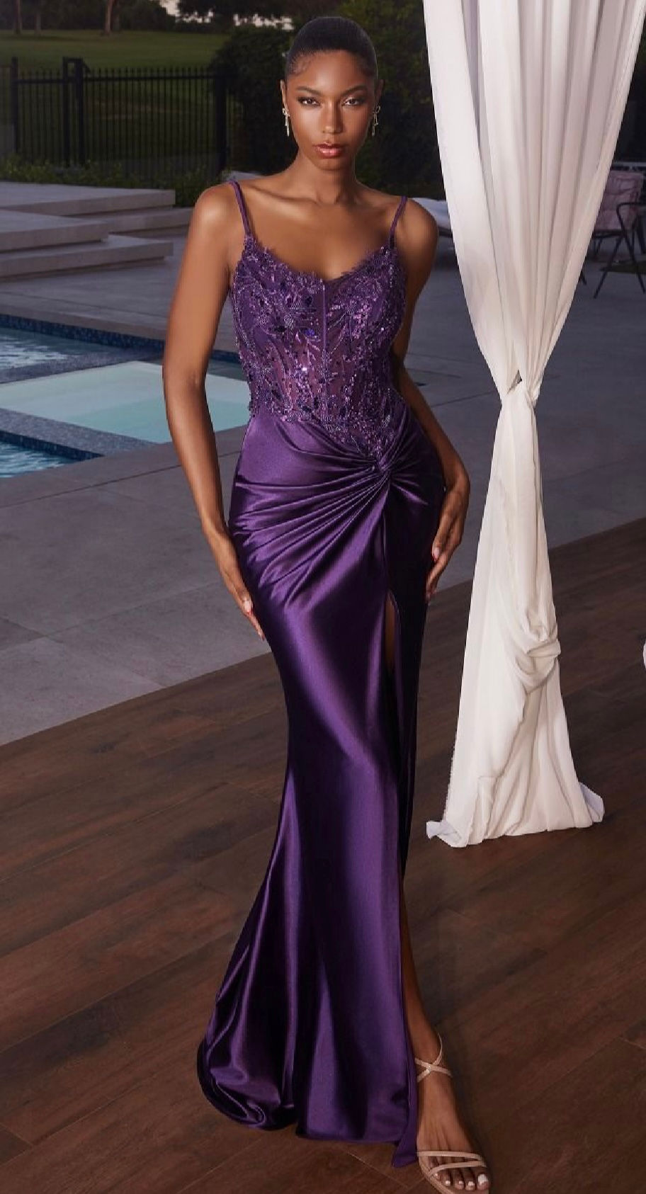 Thumbnail: Satin Embellished Fitted Satin Formal Dress & Prom Dress
