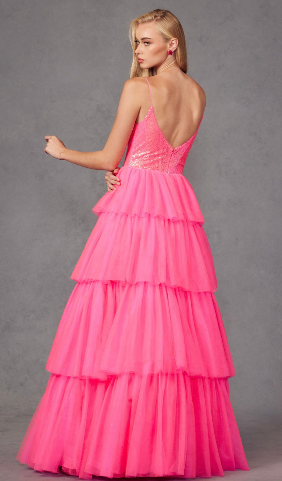 Thumbnail: Tulle Ruffle Sequin Bodice Long Formal Dress & Homecoming Dress 