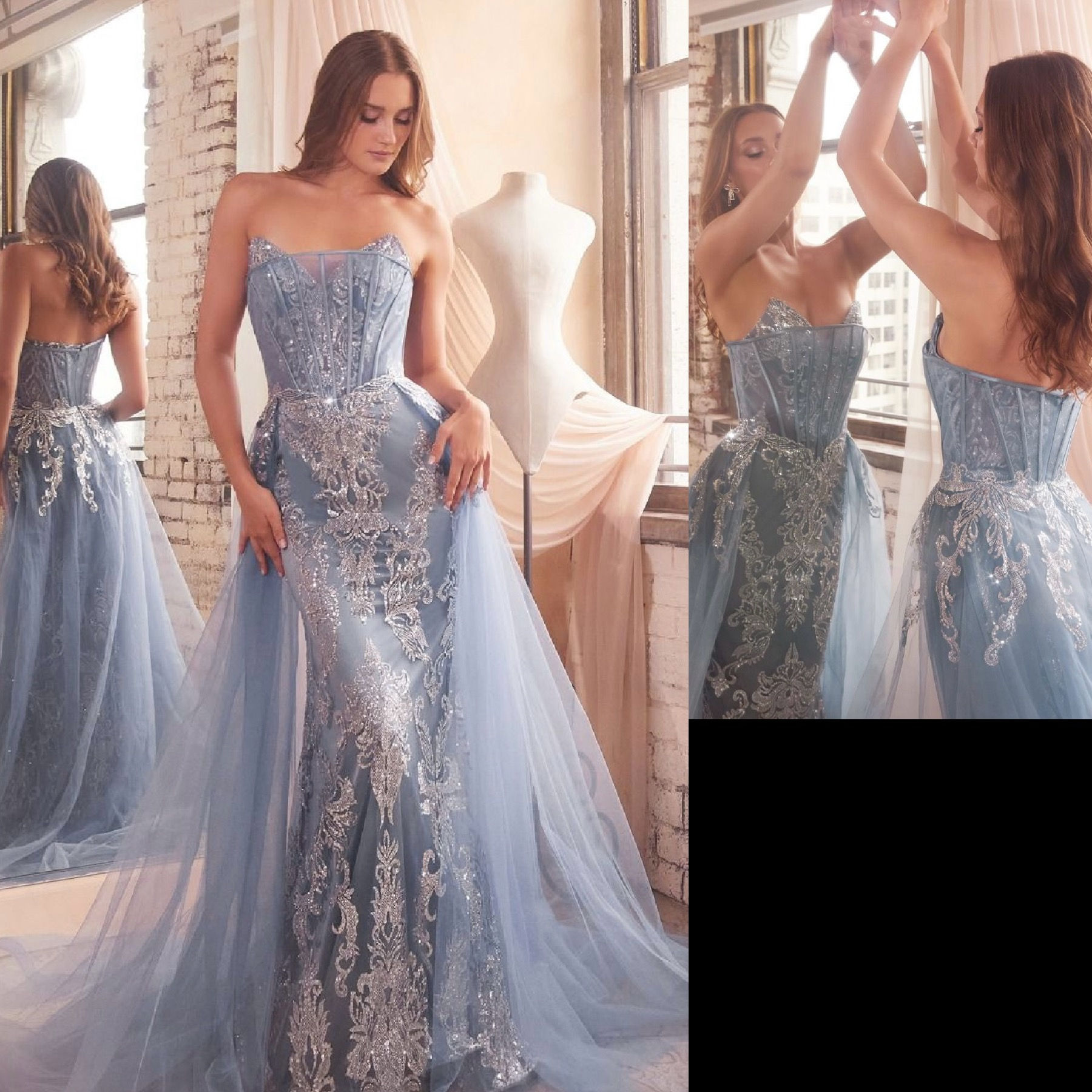 Smokey Blue Glitter Detachable Tulle Overskirt Long Formal Dress & Prom Dress